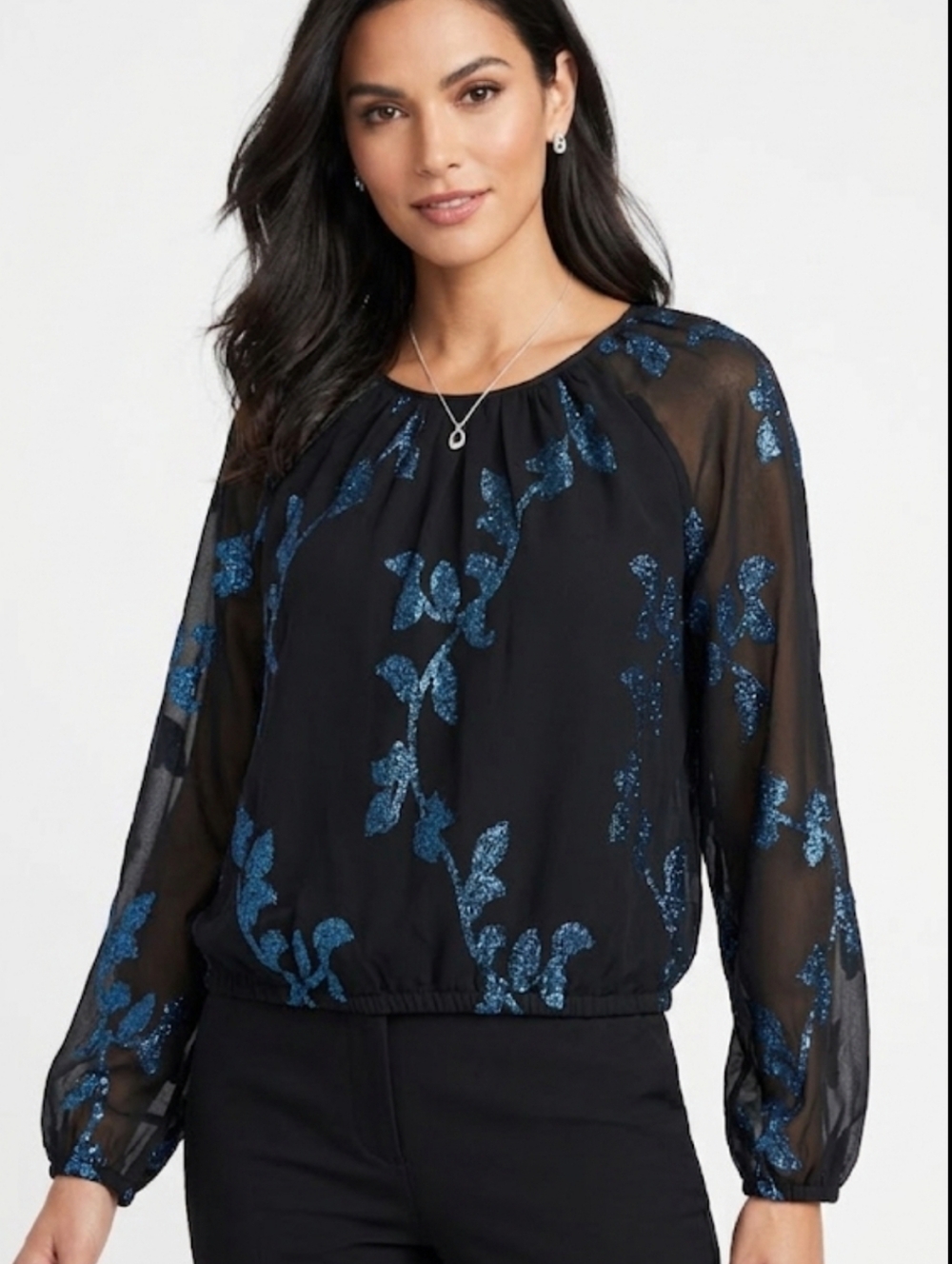 LOFT Sheer Black Blouse with Blue Floral Sparkle, Size L